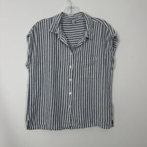 Orvis Womens S Boxy Blue White Stripe Short Sleeve Linen Blend Button Down